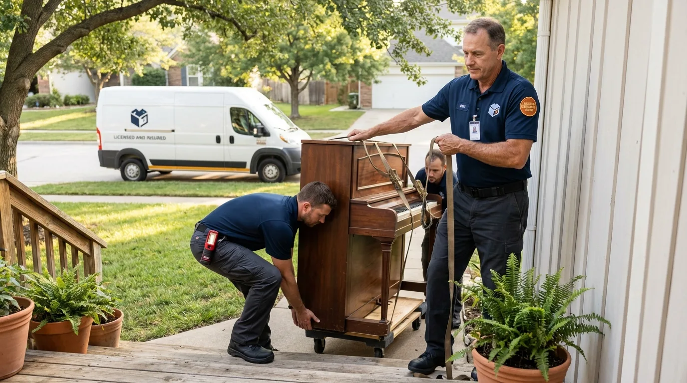 Licensed piano movers securing grand piano in Warrensburg, MO