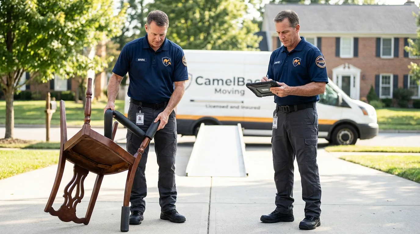 Movers inspecting furniture for damage prevention before loading in Warrensburg, MO