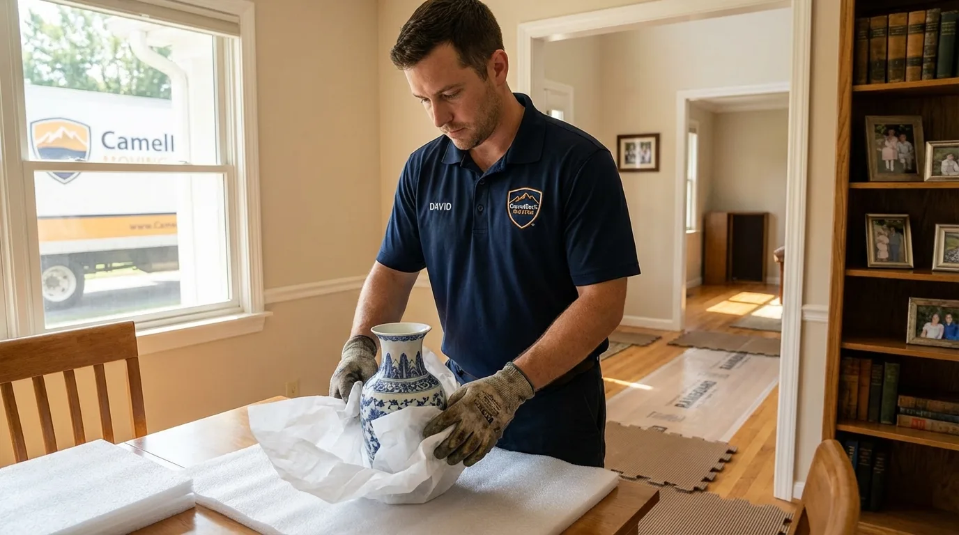 Professional crew carefully wrapping antique vase for senior downsizing move in Warrensburg, MO